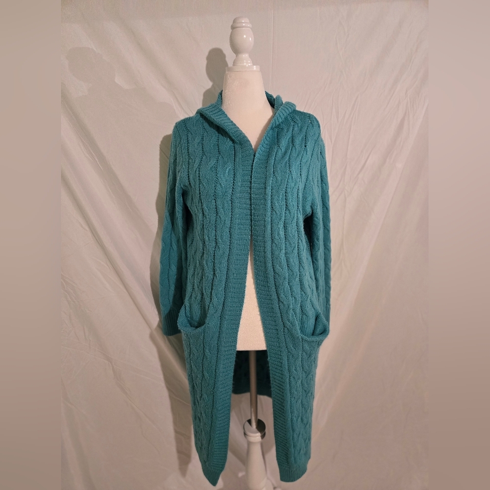 Hooded Turquoise Cable Knit Cardigan